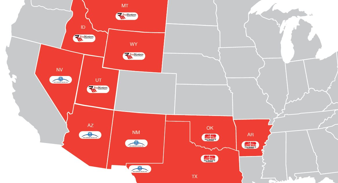 Three new account representatives, RepMasters, Stan Roberts & Associates and New Horizon Sales, Inc. coverage map